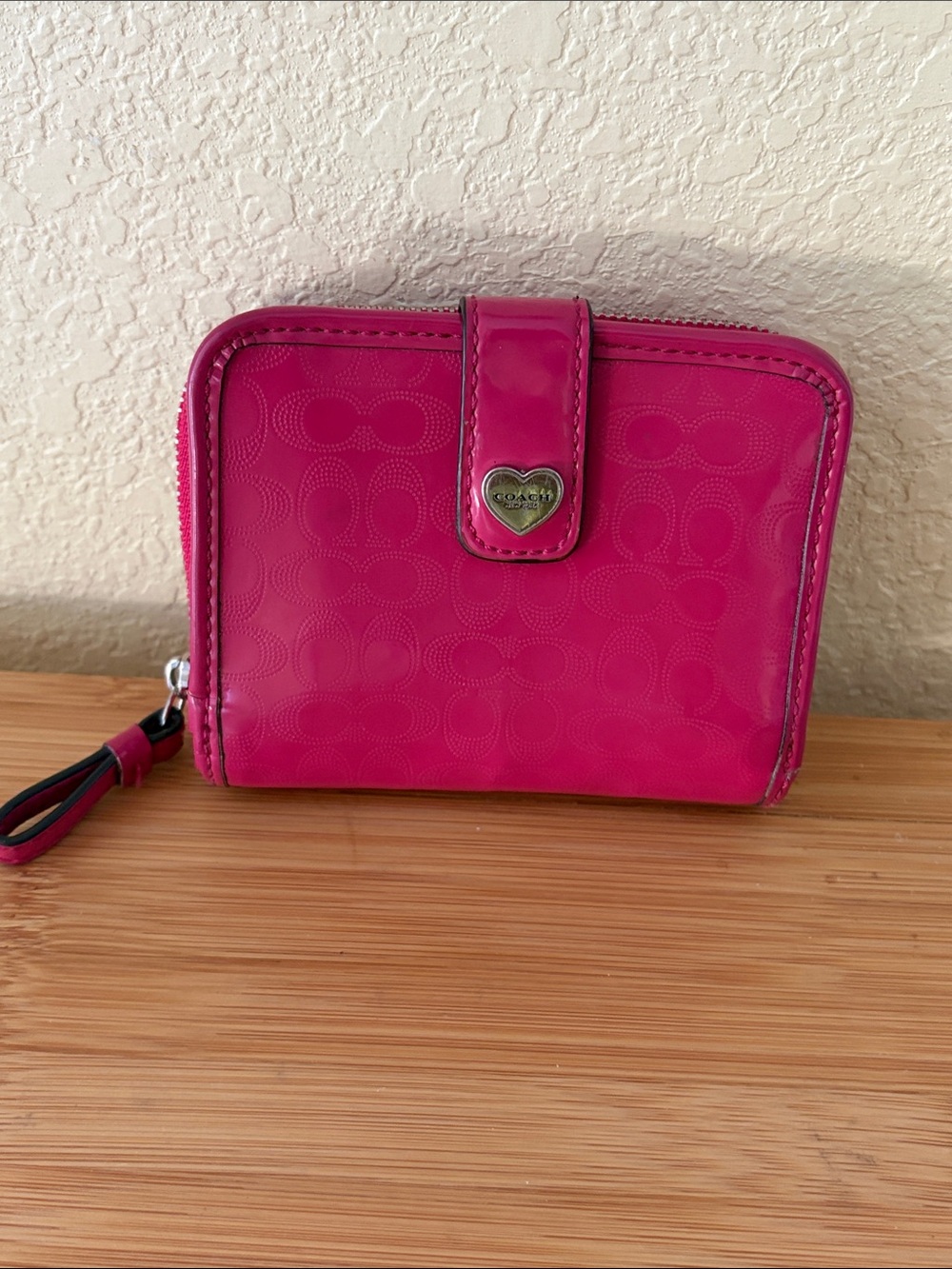 Coach Hot Pink Signature Zip Wallet with Heart Medallion